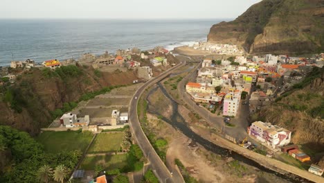 -Santo-Antao,-Cape-Verde,-Africa---A-Complete-Panorama-of-the-Town-of-Ribeira-Grande---Aerial-Drone-Shot