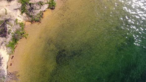 Luftaufnahmen-Von-Oben,-Die-Die-Ruhige-Und-Reflektierende-Küste-Eines-Durchscheinenden-Grünen-Sees-Am-Whiskeytown-Reservoir-In-Kalifornien-Zeigen