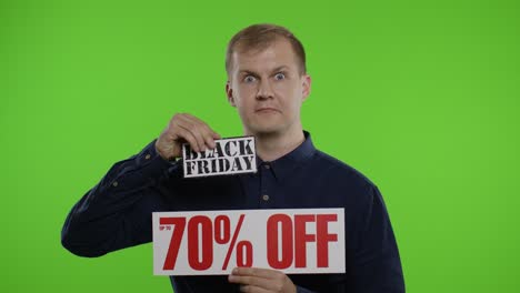 Shocked-amazed-store-client.-Man-showing-Black-Friday-and-Up-To-70-Percent-Off-inscriptions-signs