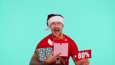 Man-in-Christmas-t-shirt-showing-gift-boxes-and-60-Percent-discount-inscriptions-banner-text-note