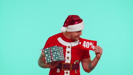 Man-in-red-Christmas-t-shirt-showing-gift-box-and-40-Percent-discount-inscriptions-banner-text-note