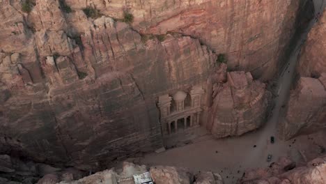 Petra-Jordan-Treasury-Aerial-Drone-Establishing-Dynamic-Wonder-of-the-World-Tour-Tourist-Wadi-Rum-Travel-Mountains-Rocks-Camels-Donkey