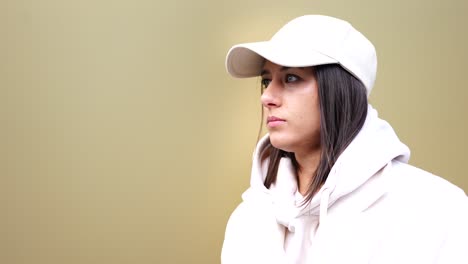 Young-girl-in-hoodie-and-cap-smoke-electronic-cigarette,-exhale-white-vapor