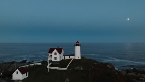 Aerial-Revealed-Nubble-Lighthouse-In-Cape-Neddick-In-York-County,-Maine,-United-States