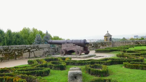 Pan-across-large-cannons-protecting-castle-parapet-battlement-lawn-in-Chaves-Vila-Real-Portugal