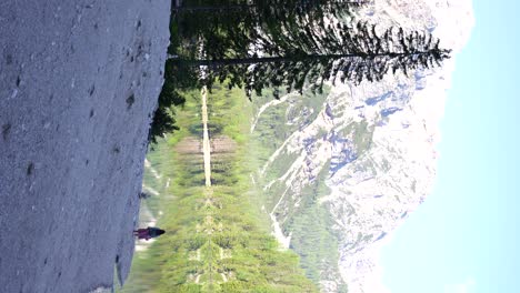 Woman-removing-hat-on-Lago-di-Braies-shore-gazing-forest