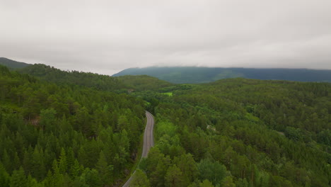 Highway-curves-between-lush-green-forest-trees,-backdrop-of-misty-mountains