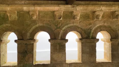 Domus-Municipalis-interior-Romanesque-Arches,-Braganza-Portugal