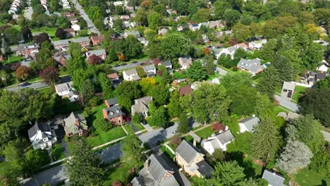 Luftaufnahme-Eines-Vorstadtviertels-Mit-Von-Bäumen-Gesäumten-Straßen-Und-Verschiedenen-Häusern