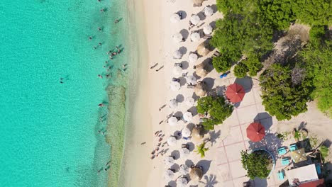 Drone-top-down-trucking-pan-along-Grote-Knip-Curacao-beach-as-tourists-swim-in-clear-water
