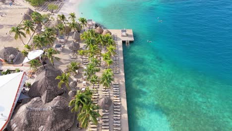 Luxury-tropical-getaway-views-with-palm-trees-and-clear-water,-Zanzibar-beach-Jan-Thiel-Curacao