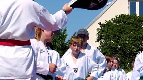 Los-Niños-De-Taekwondo-Practican-Patadas-De-Taekwondo-Hacia-La-Cabeza-Durante-El-Entrenamiento-Al-Aire-Libre.