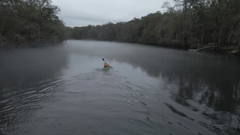 Man-paddling-a-kayak-on-dark-waters-covered-with-fog-and-surrounded-by-gray-leafless-trees