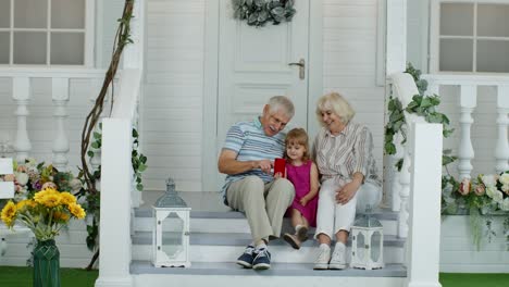 Älteres-Paar-Sitzt-Mit-Enkelin-Auf-Der-Veranda-Zu-Hause.-Nutzung-Des-Mobiltelefons-Für-Online-Videoanrufe