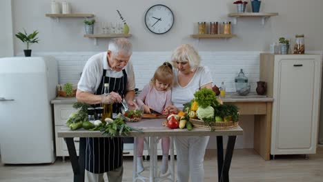 Abuelos-Ancianos-En-La-Cocina-Enseñando-A-Su-Nieta-Cómo-Cocinar-Ensalada,-Cortando-Pimiento-Rojo