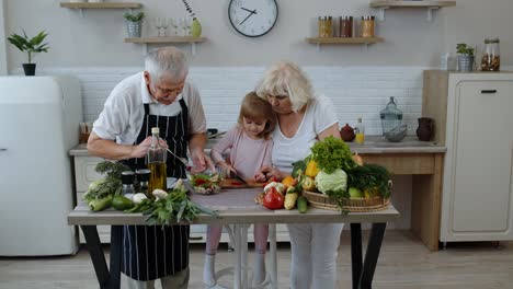 Elderly-grandparents-in-kitchen-teaching-grandchild-girl-how-to-cook-salad,-chopping-red-pepper
