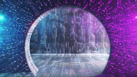 VR-Konzept,-Das-Durch-Einen-Kreisförmigen-Digitalen-Tunnel-Innerhalb-Einer-Kugel-Fliegt,-Glitch,-Blau,-Lila,-Neonfarbe,-KI