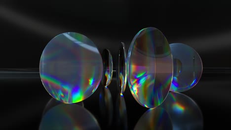 Bunte-Durchscheinende-Glaslinsen-Rotieren-Und-Rotieren-Auf-Einem-Dunklen-Hintergrund-3D-Animation-Einer-Nahtlosen