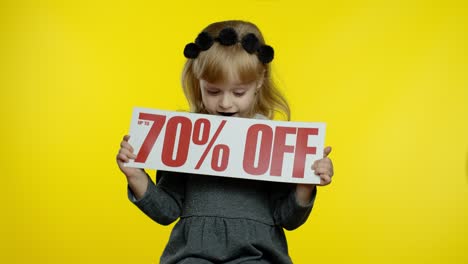 Great-discounts-for-preschool-kids.-Child-girl-showing-Up-To-70-percent-Off-inscription-banner