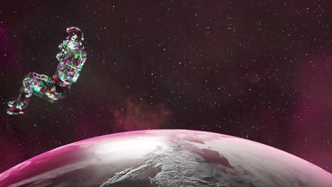 El-Astronauta-De-Diamantes-Se-Balancea-En-Un-Columpio-Espacial-Sobre-El-Planeta-Tierra,-Color-Azul-Neón,-Animación-3D.