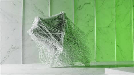 Abstraktes-Konzept-Eine-Figur-Aus-Weißen-Fäden-Geht-Entlang-Einer-Weißen-Marmorwand-Mit-Seilen-Blau-Neon-Gebunden