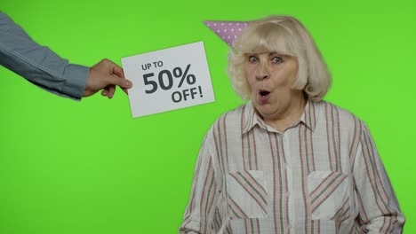 Advertisement-Up-To-50-Percent-Off-appears-next-to-grandmother.-Woman-dancing-with-shopping-bags