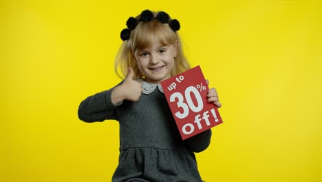 Child-girl-showing-Up-To-30-percent-Off-inscription,-rejoicing-discounts-for-online-shopping-sales