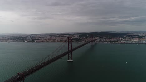 Flying-Over-of-25th-April-Bridge-in-Lisbon,-Portugal