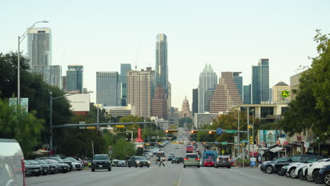 Downtown-city-Austin-Texas-on-SOCO-South-Congress-street-with-state-capitol-building-during-sunset
