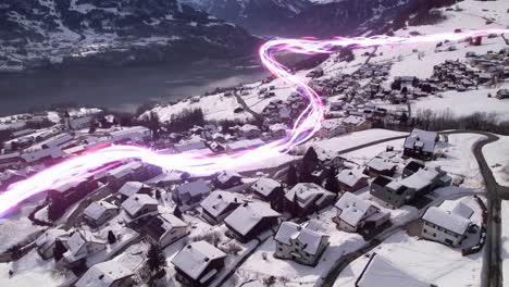 Aerial-view-of-the-snow-covered-city-of-Amden-Switzerland-with-Telecommunication-Visualization-illustration