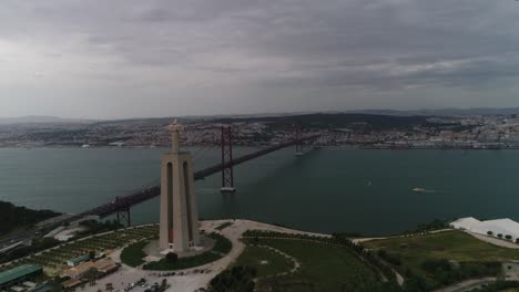 Aerial-shot-of-Lisbon-Santuario-De-Cristo-Rei