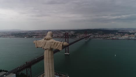 Statue-Christ-the-King-Cristo-Rei-Lisbon-Almada-at-sunset-aerial-view