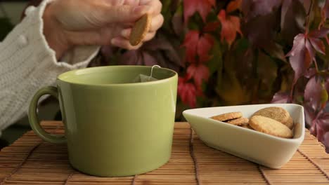 Woman-enjoying-biscuits-and-tea,-tea-cup-and-cookies-on-table-at-autumn