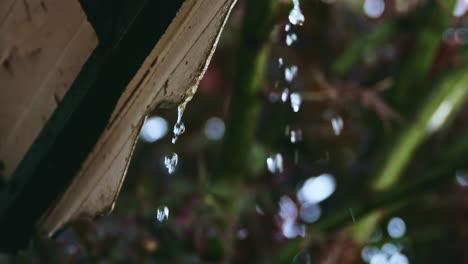 slow-motion-of-raindrops-dripping-from-metal-roof
