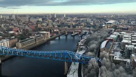 Beautiful-wide-orbit-aerial-of-Newcastle-Upon-Tyne-with-Redheugh-Bridge-in-the-foreground