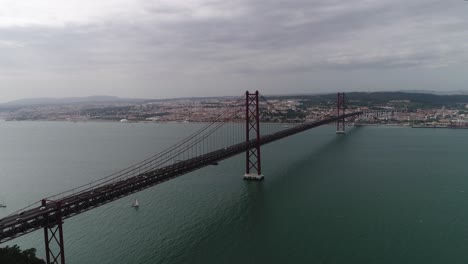 Drone-top-view-car-traffic-on-Ponte-25-de-Abril-bridge-in-Lisbon,-Portugal