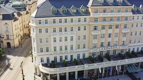 Aerial-View-of-Radisson-Blu-Carlton-Hotel-in-Bratislava-on-Hviezdoslavovo-Square-in-Historical-centre-of-City-on-sunny-day