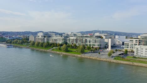 Aerial-view-of-Eurovea-Shopping-Center-located-on-Riverside-of-Danube-river