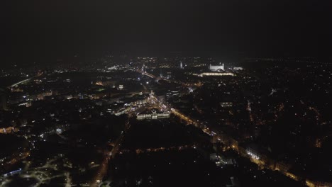 Aerial,-wide-angle-view-of-Bratislava-at-Night