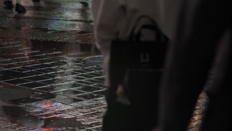 Multitud-De-Personas-Cruzando-La-Calle-Y-Reflejo-De-Vallas-Publicitarias,-Cruce-De-Shibuya-Por-La-Noche,-Tokio,-Japón