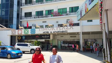 Exterior-view-of-popular-Timor-Plaza-hotel,-apartments-and-shopping-mall-complex-in-capital-city-of-Dili,-Timor-Leste,-Southeast-Asia