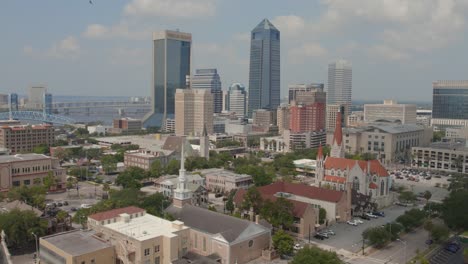 An-aerial-pan-of-the-downtown-Jacksonville-skyline-on-a-partly-cloudy-day