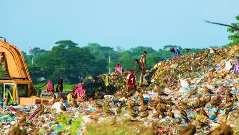 People-in-landfill-pollution-and-trash-scraping-plastic-and-metal-from-garbage-in-Dhaka,-Bangladesh