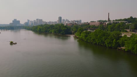 A-long-aerial-shot-of-downtown-Richmond-that-starts-over-the-river-and-ends-with-the-skyline-in-view