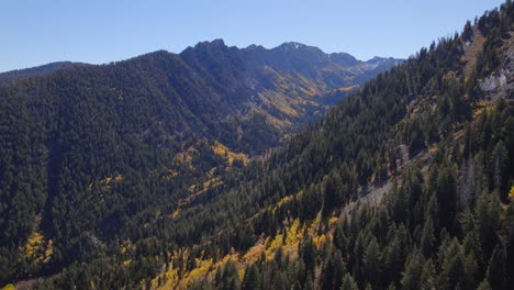 An-aerial-reveal-of-a-valley-within-snowcapped-mountains-and-yellow-aspens-during-autumn-in-Utah
