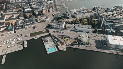 Aerial,-drone,-Helsinki-market-square,-ferris-wheel,-swimming-pool,-Uspenski-cathedral