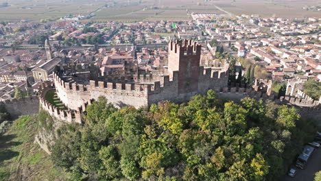 Aerial-View-Of-Soave-Castle---Scaligero-Castle-of-Soave-On-A-Sunny-Day-In-Verona,-Italy
