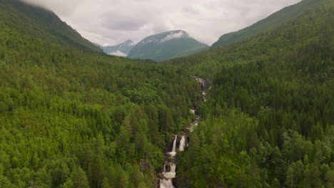 Pine-Forest-Mountains-And-Cascades-Over-Scandinavian-Ridges-In-West-Coast,-Norway