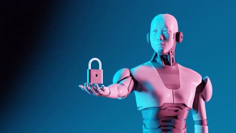 Security-Robot-Holding-Padlock-His-Hands,-Blue-Background,-Teal-and-Orange,-Cinematic-Lighting,-3D-Render