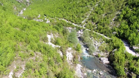 Drone-view-in-Albania-in-the-alps-flying-over-green-valley-with-a-blue-water-river-in-Theth